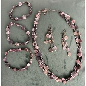 Avenue Multi Layered Disc Necklace 3 Stretch Bracelets Earrings Set Silver P105